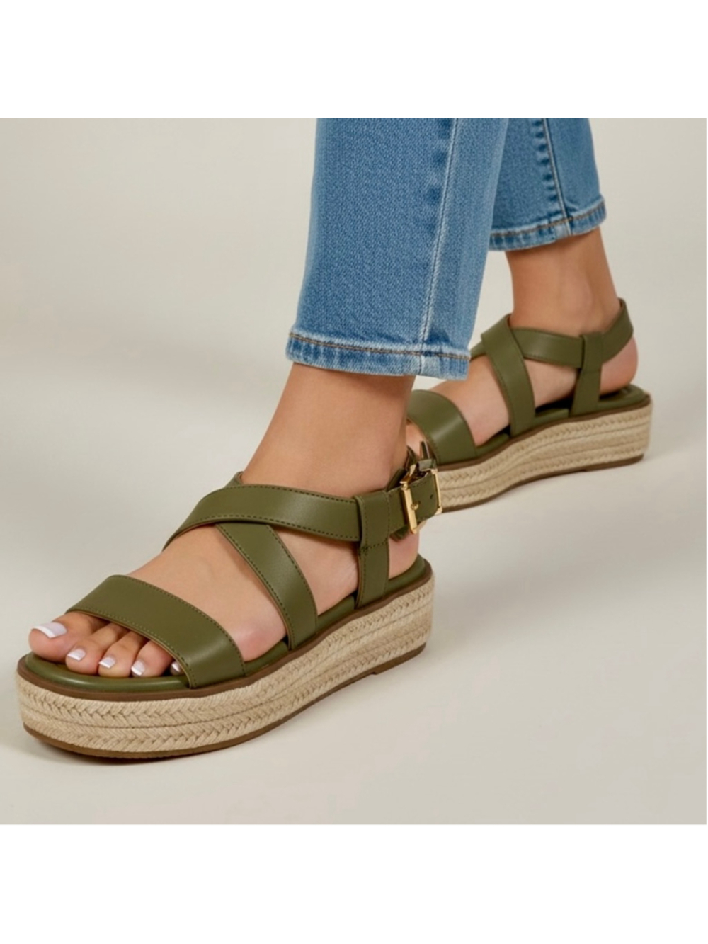 6.5 Michael Kors Olive Army Green Leather Lynn Espadrille Platform Sandal Straps